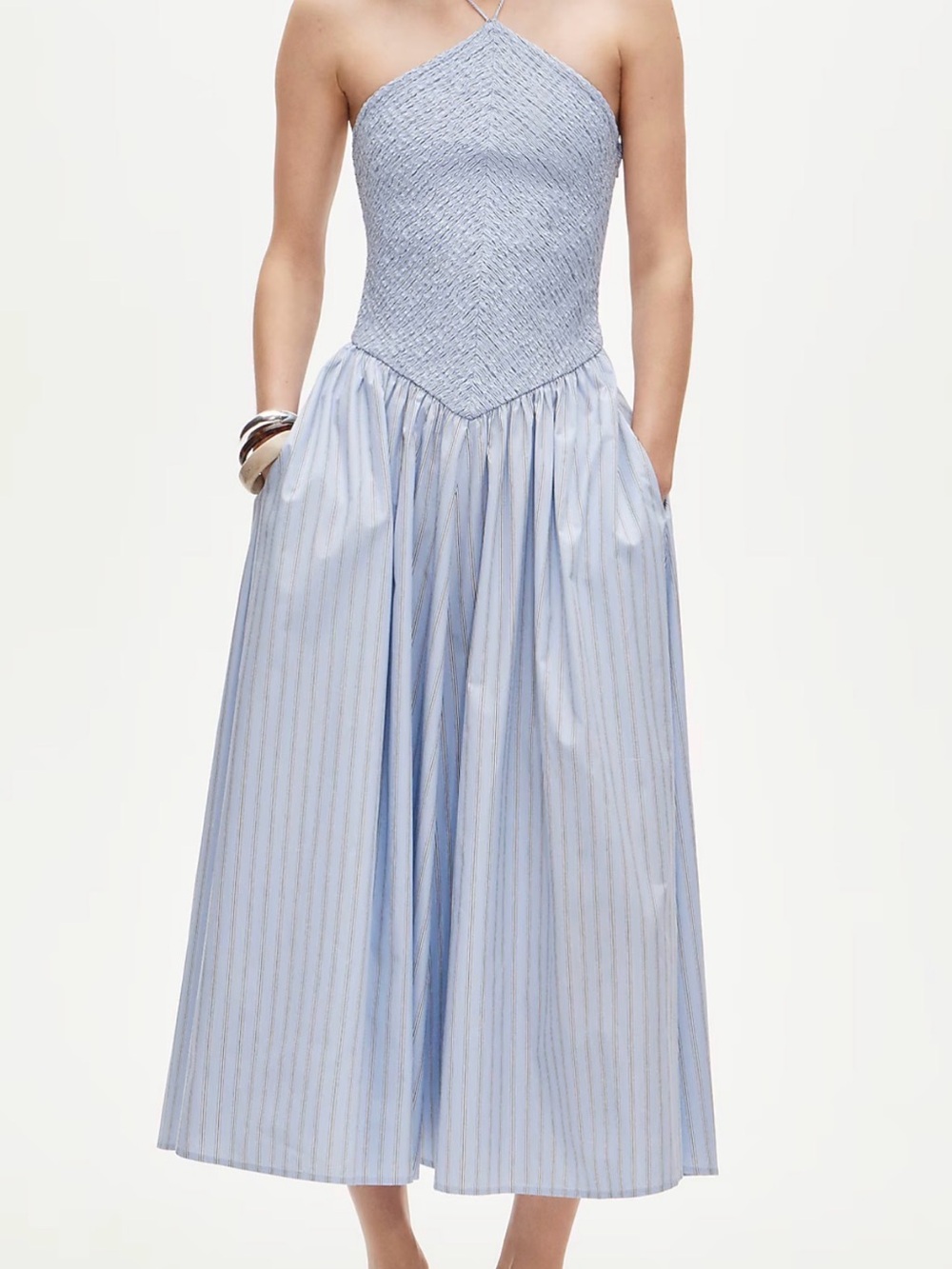 J. Crew Women’s Tall Smocked Halter Dress Stripe Blue Medium M Tall MT Maxi Midi